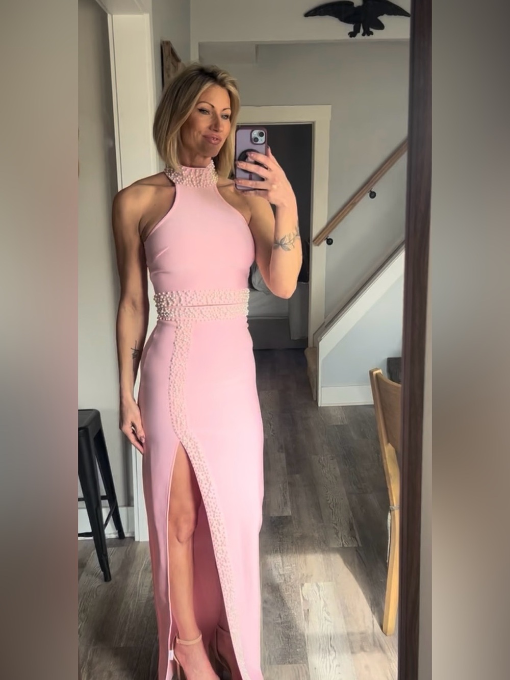 High-Neck Pink Prom Gown with Pearl Trim